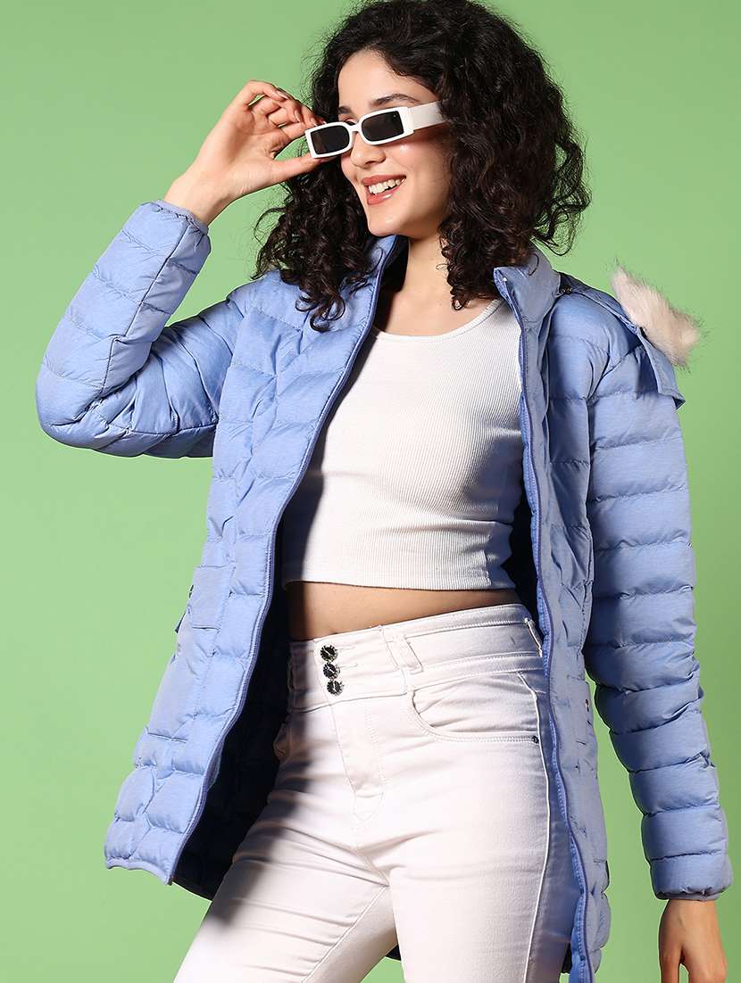 women solid long sleeves hooded puffer jacket