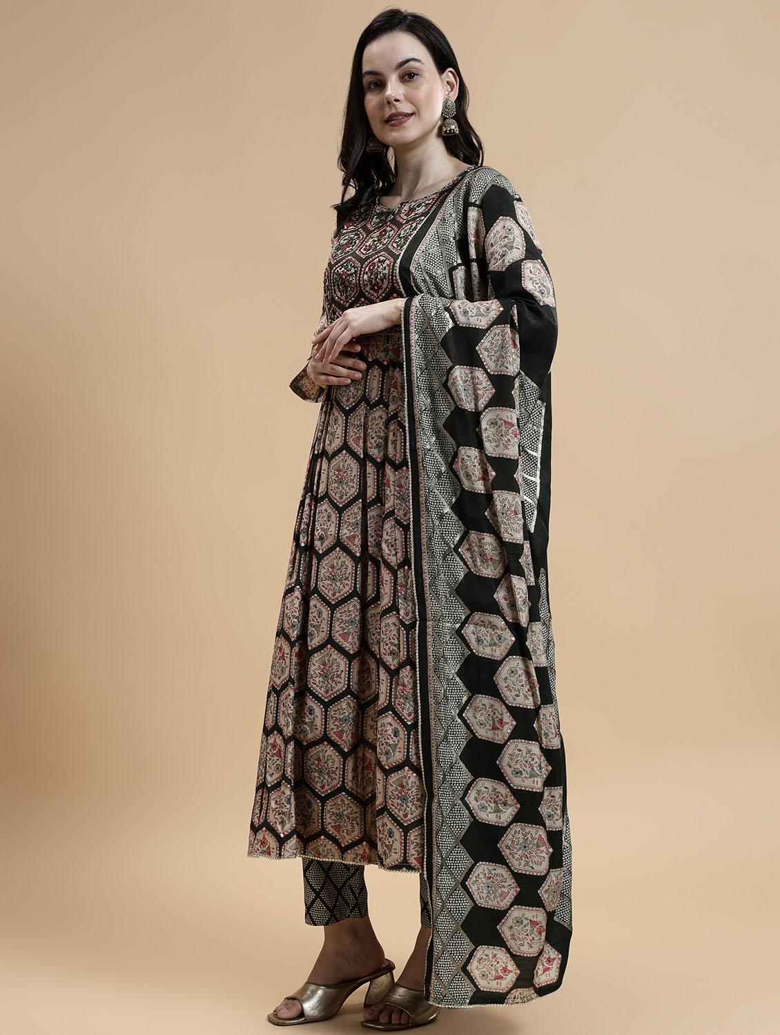 women three quarter sleeve anarkali kurta pant with dupatta set - 21678182 - Standard Image - 2