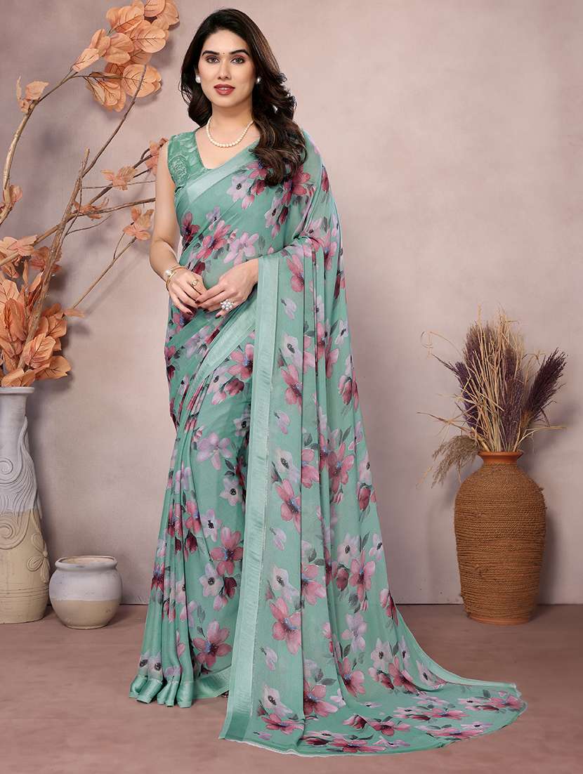 women green floral printed saree with blouse