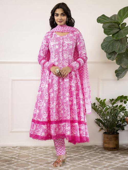 women pink long sleeve anarkali kurta pant with dupatta set - 21678406 - Standard Image - 0