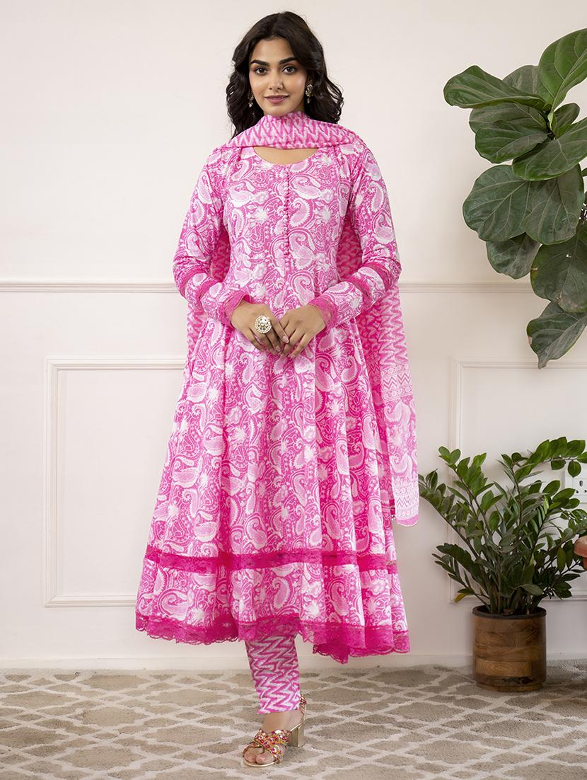 women pink long sleeve anarkali kurta pant with dupatta set - 21678406 - Zoom Image - 0
