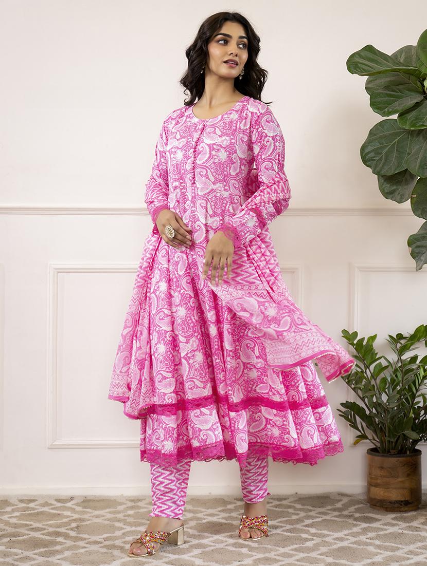 women pink long sleeve anarkali kurta pant with dupatta set - 21678406 - Standard Image - 2