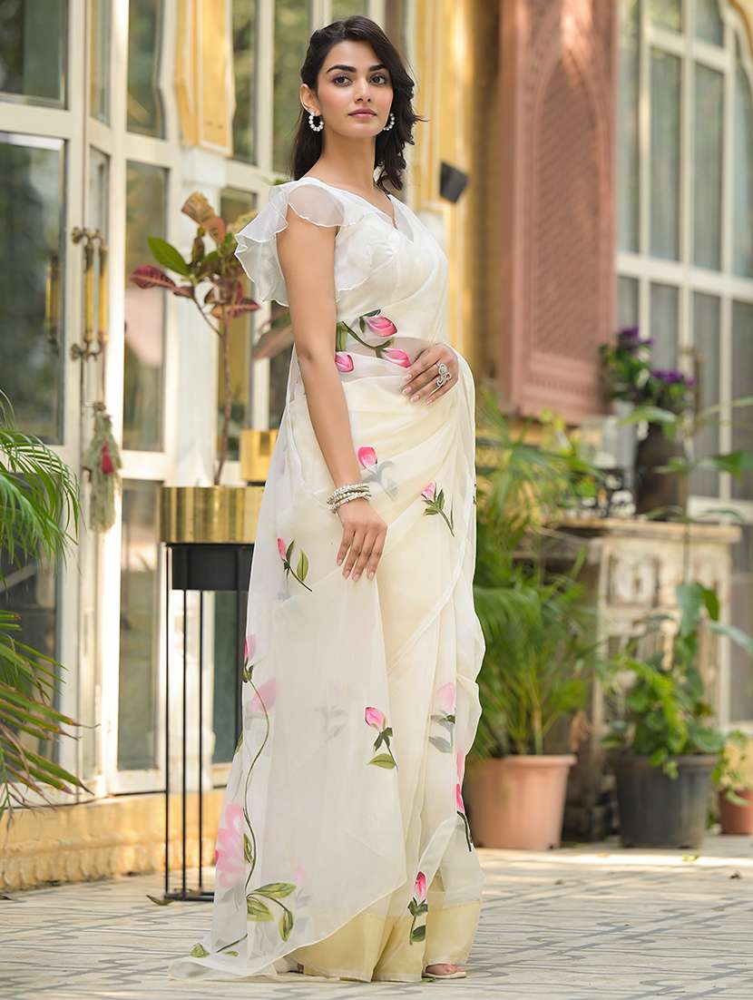 womne floral cream printed saree - 21678415 -  Standard Image - 2