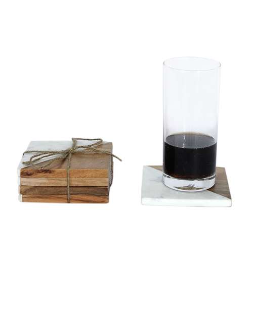 wood & white marble coaster set of 4 pcs