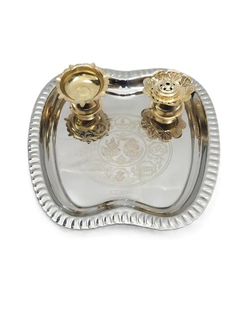 silver-finish thali with 2 diyas - 21678546 -  Standard Image - 0