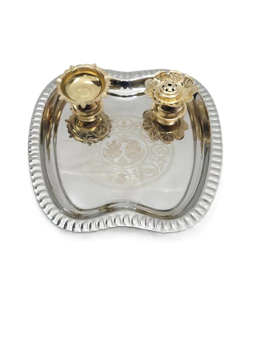 silver-finish thali with 2 diyas - 21678546 -  Zoom Image - 0