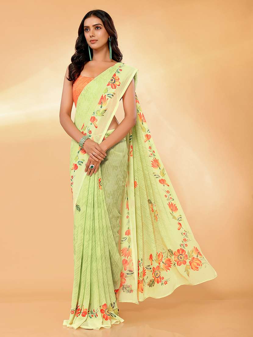 women green floral printed saree with blouse