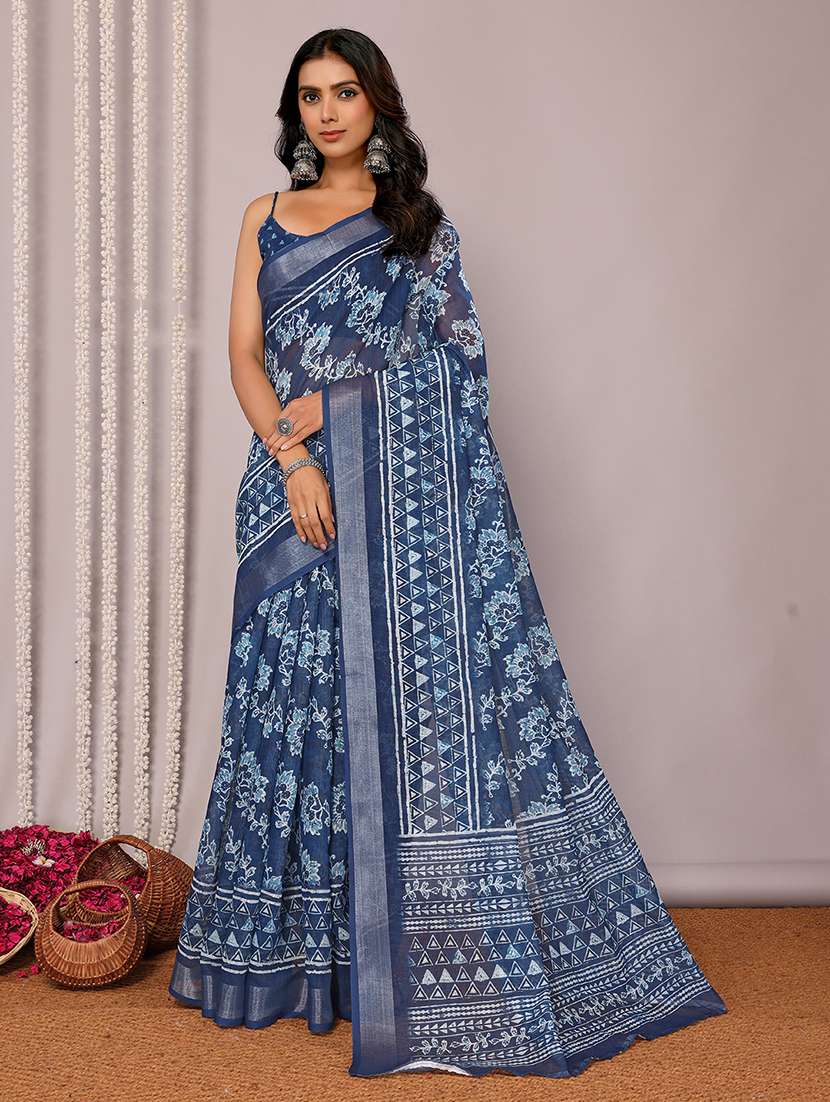 women navy blue printed saree with blouse