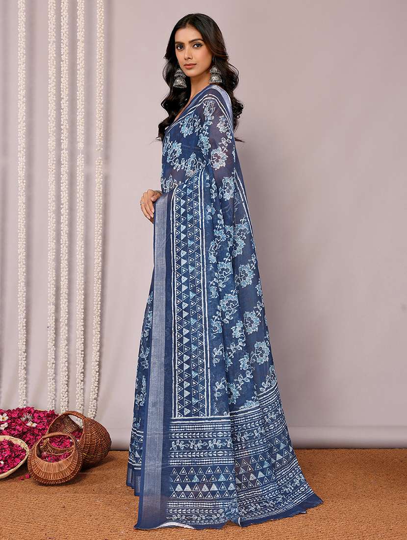 women navy blue printed saree with blouse - 21678849 -  Standard Image - 2