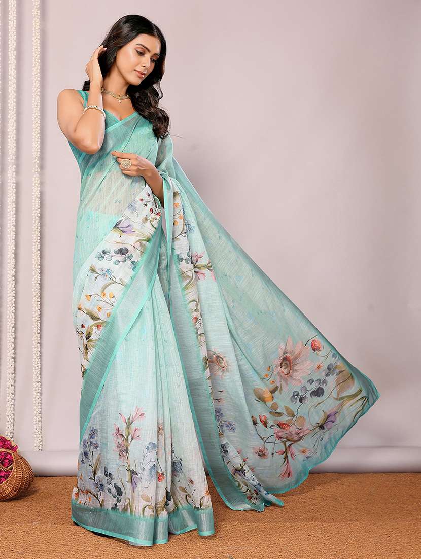 women sea green printed saree with blouse - 21678858 -  Standard Image - 2