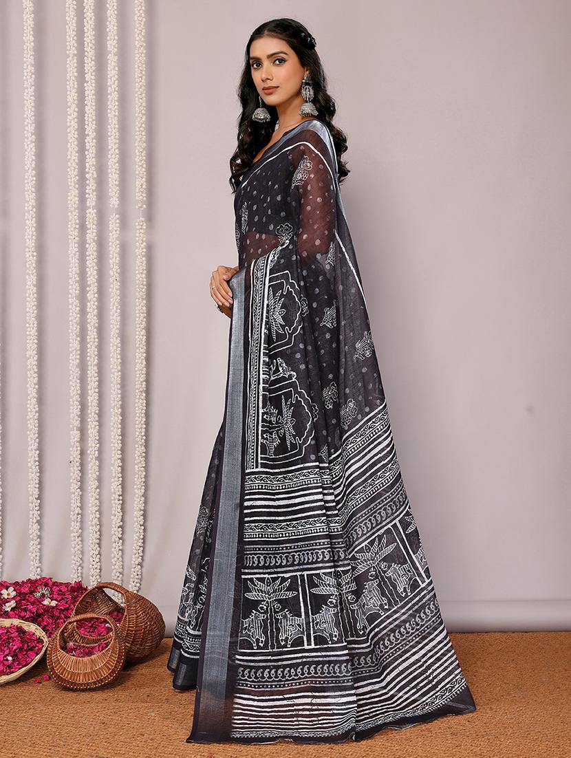 women black printed saree with blouse - 21678859 - Standard Image - 2