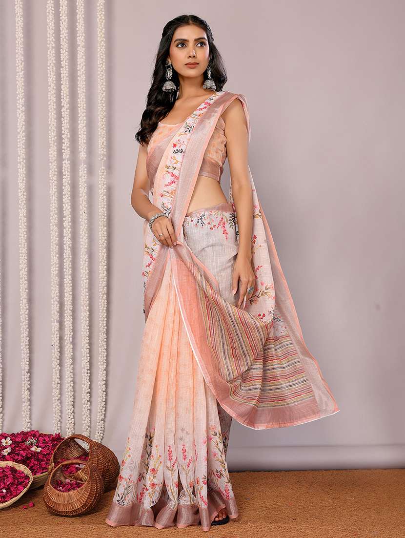 women peach printed saree with blouse - 21678862 - Standard Image - 2