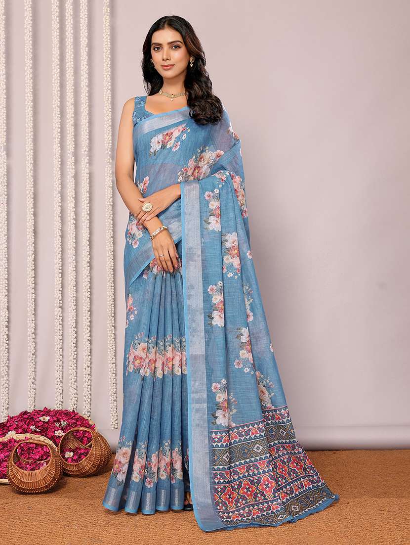 women blue printed saree with blouse
