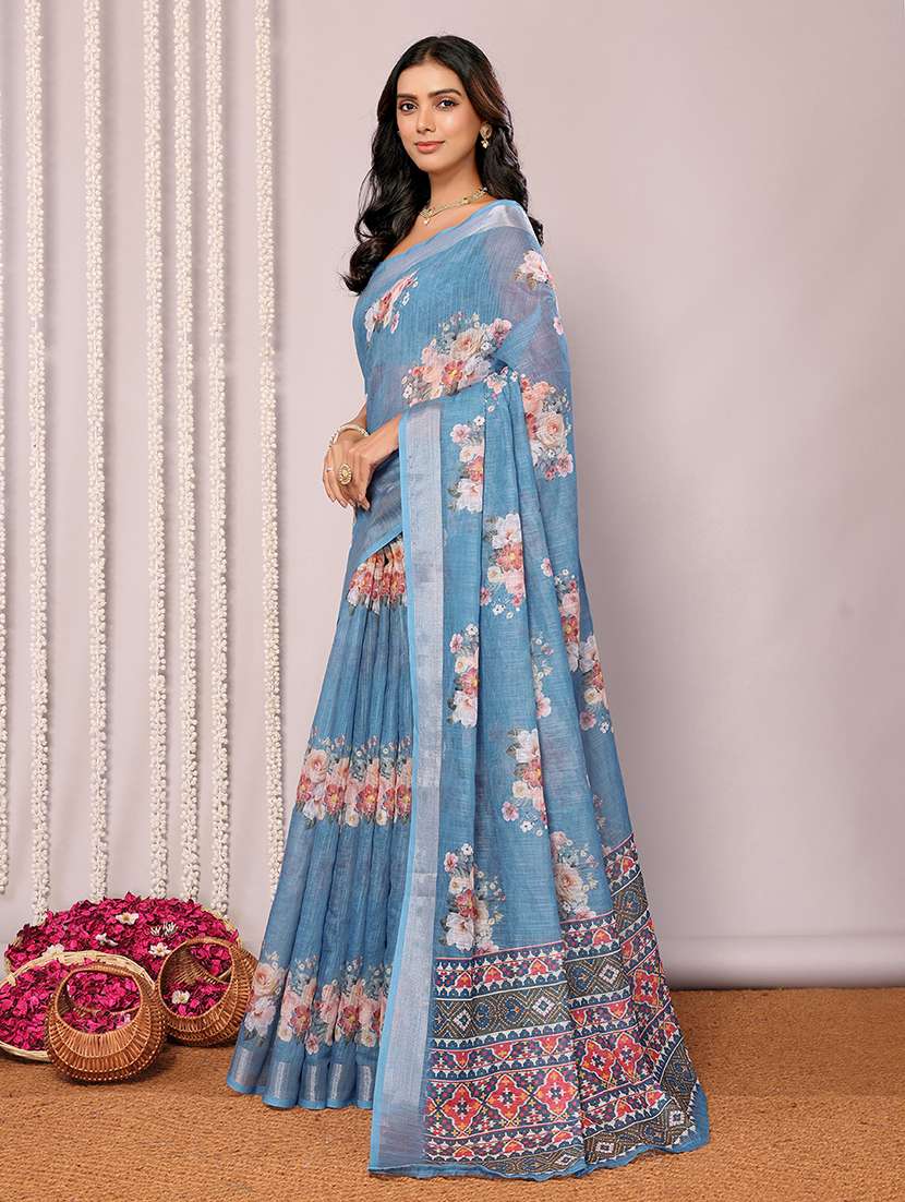 women blue printed saree with blouse - 21678863 -  Standard Image - 2