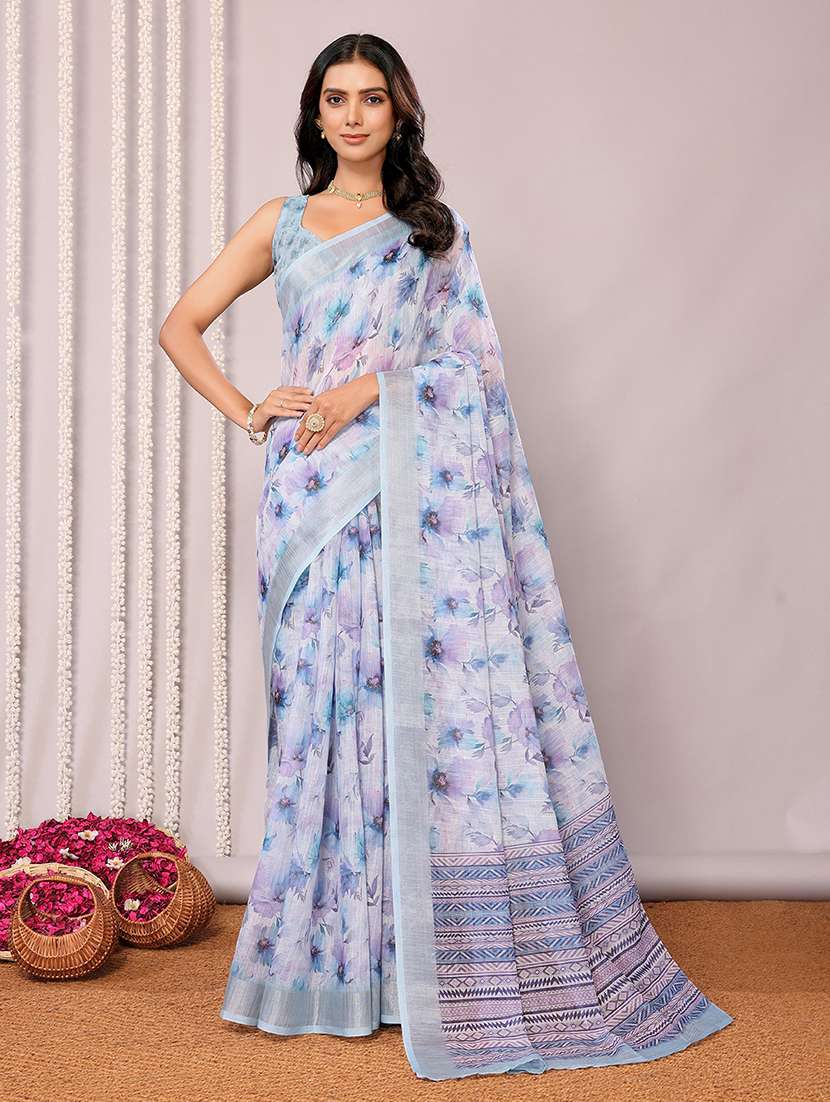 women light blue printed saree with blouse