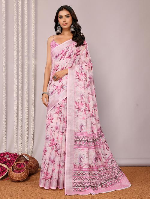 women pink printed saree with blouse - 21678869 -  Standard Image - 0