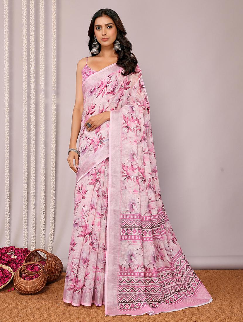 women pink printed saree with blouse - 21678869 -  Zoom Image - 0