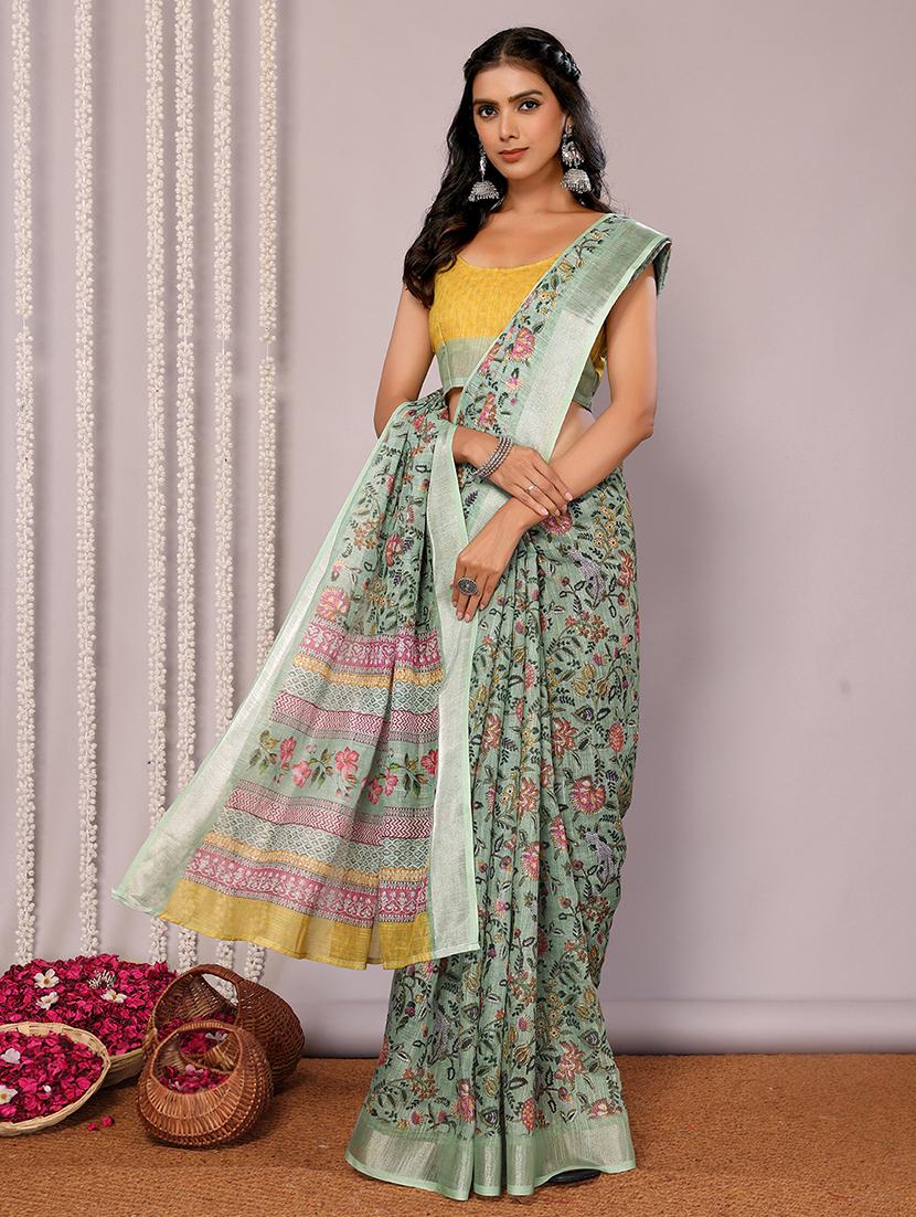 women green printed saree with blouse - 21678870 - Standard Image - 2