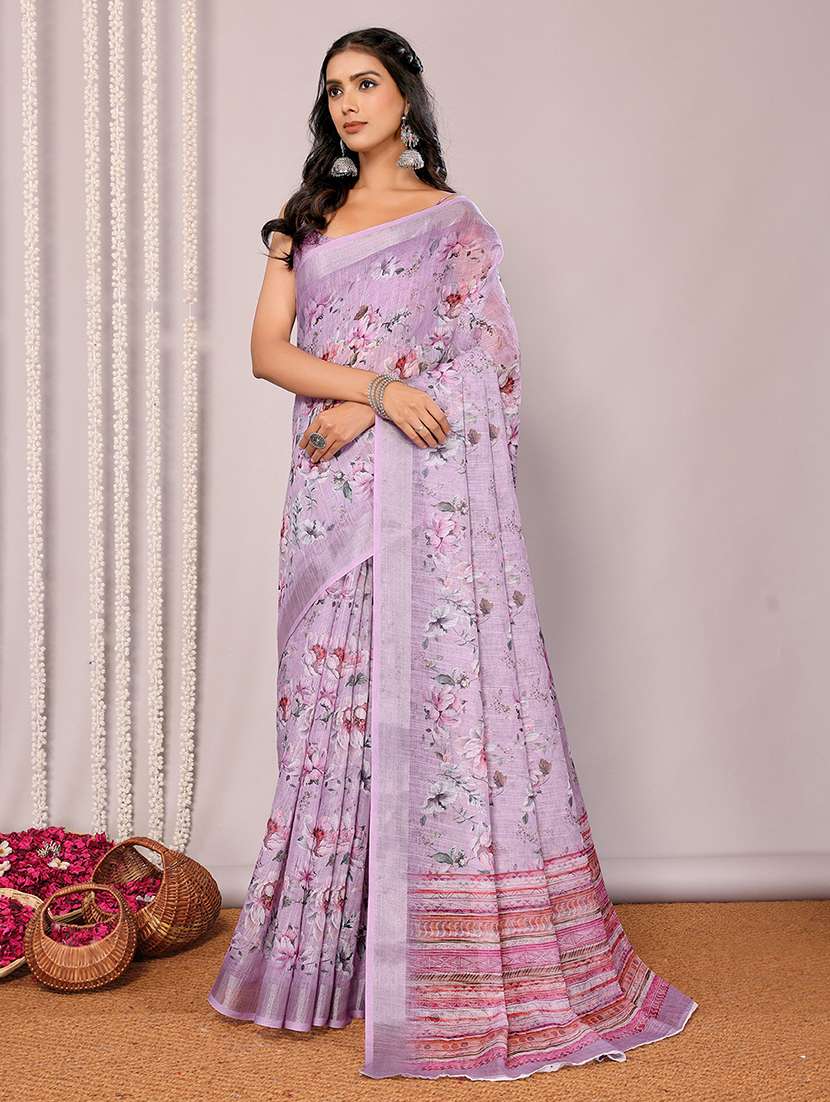 women lavender printed saree with blouse