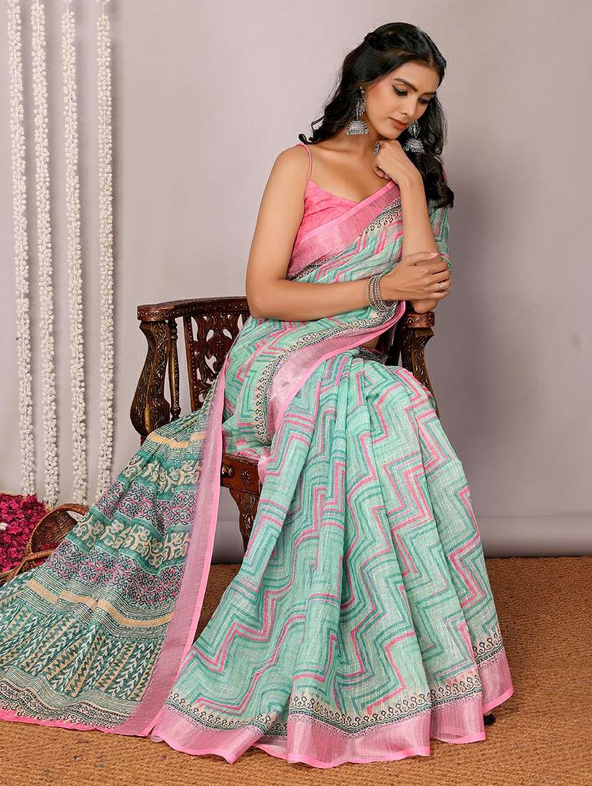 women sea green printed saree with blouse - 21678875 -  Standard Image - 2