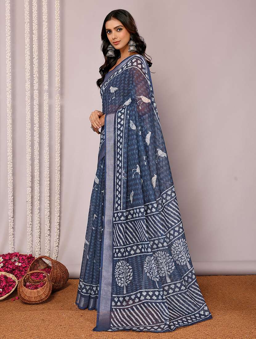 women navy blue printed saree with blouse - 21678876 -  Standard Image - 2