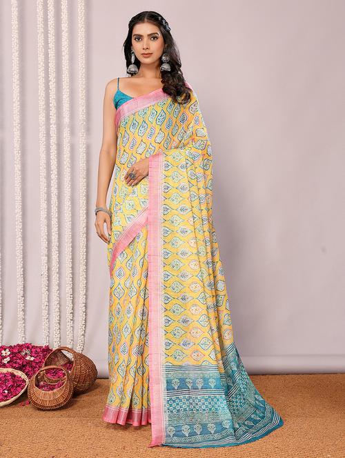 women yellow printed saree with blouse - 21678880 -  Standard Image - 0