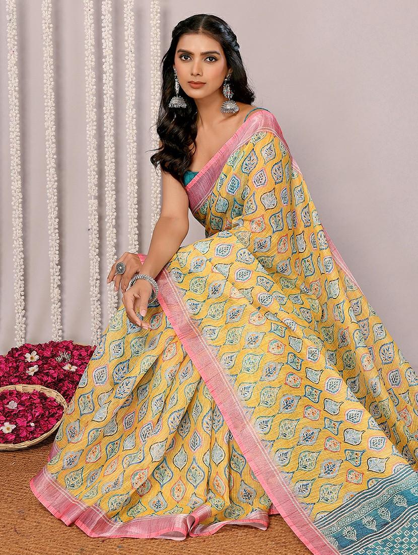 women yellow printed saree with blouse - 21678880 - Standard Image - 2