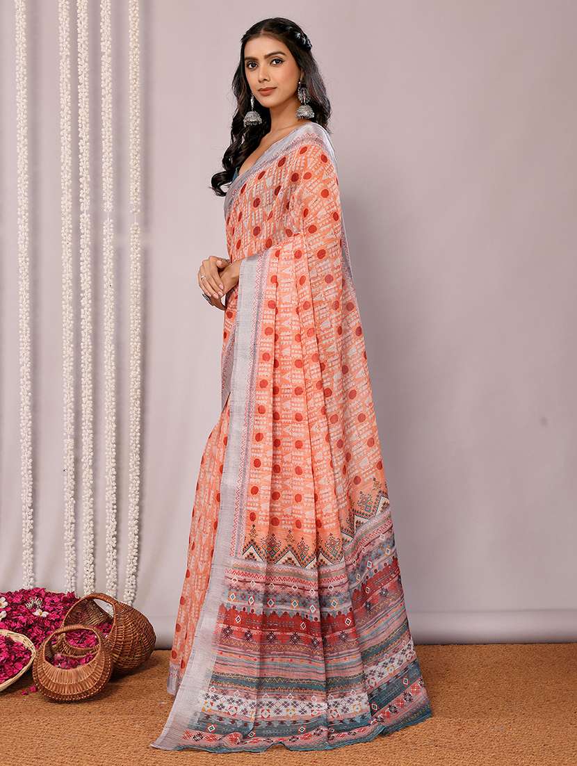 women orange printed saree with blouse - 21678883 -  Standard Image - 2