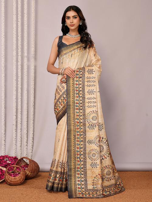 women beige printed saree with blouse - 21678889 -  Standard Image - 0
