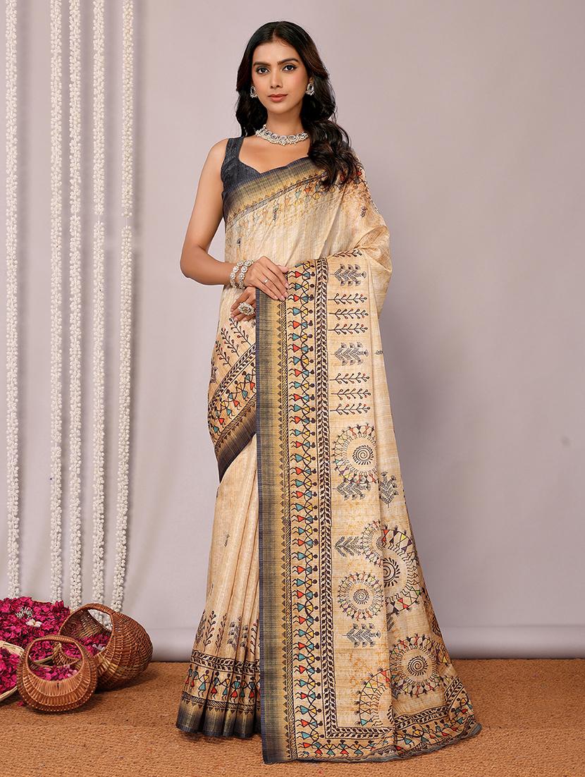women beige printed saree with blouse - 21678889 -  Zoom Image - 0