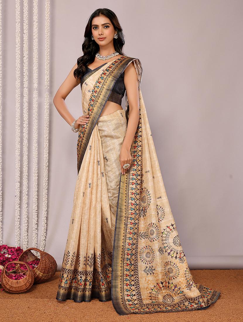 women beige printed saree with blouse - 21678889 - Standard Image - 2