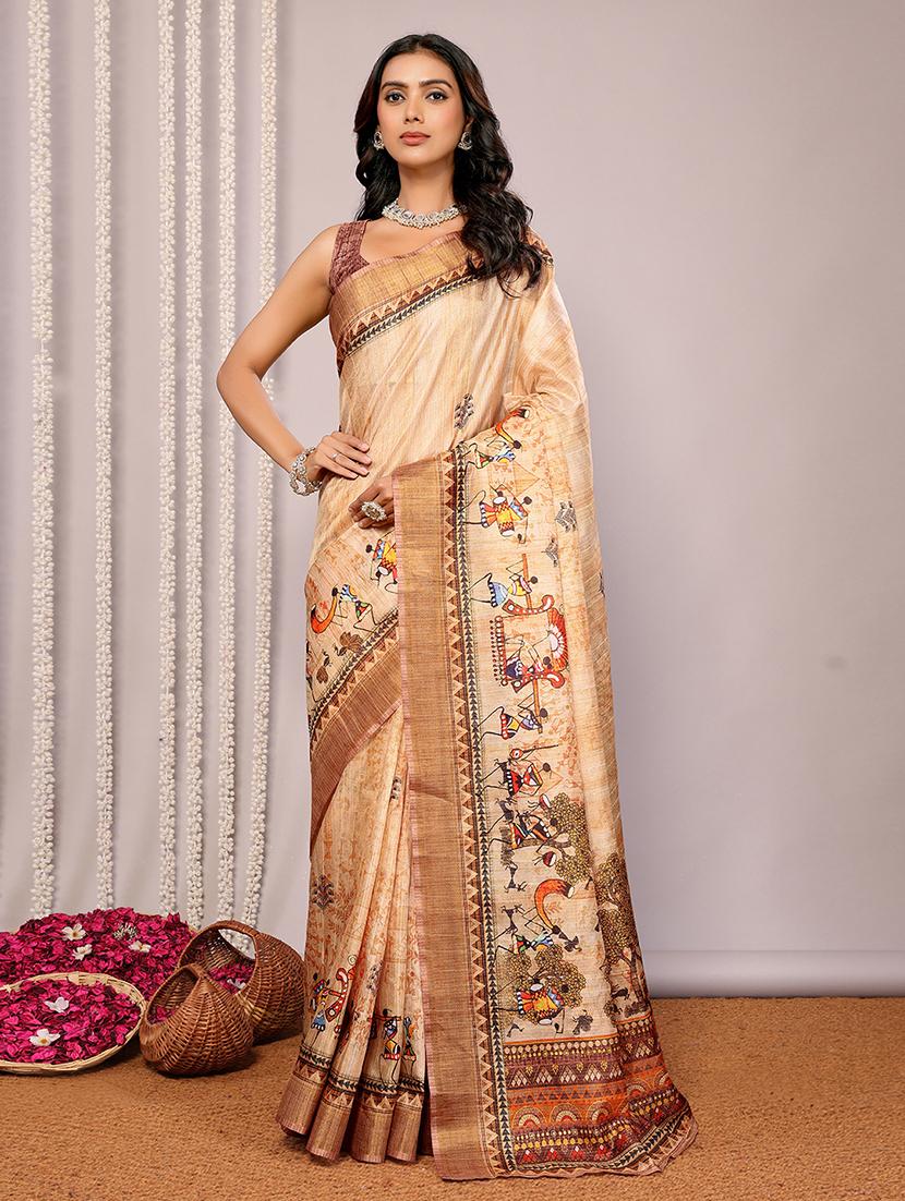 women beige warli printed saree with blouse - 21678898 - Standard Image - 2