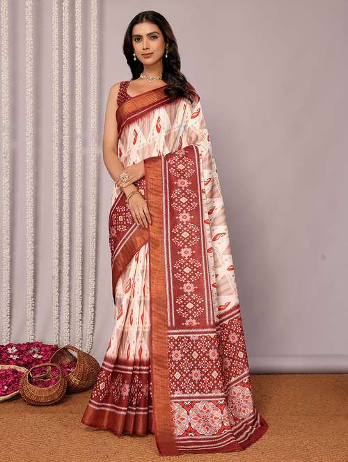 women cream printed saree with blouse - 21678906 -  Standard Image - 0