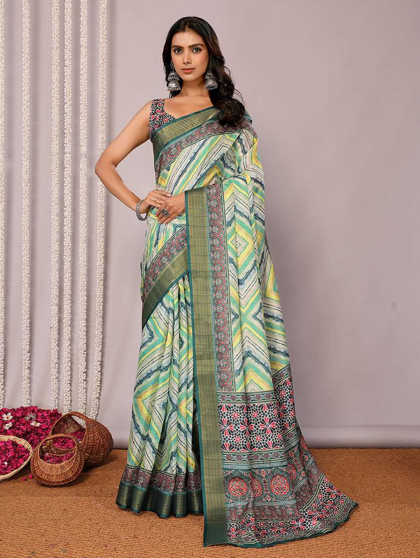 women green printed saree with blouse
