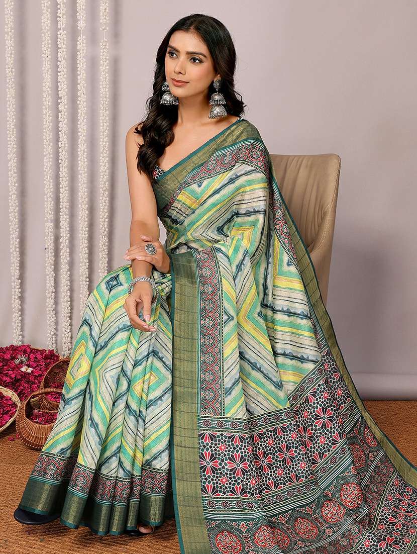 women green printed saree with blouse - 21678907 -  Standard Image - 2