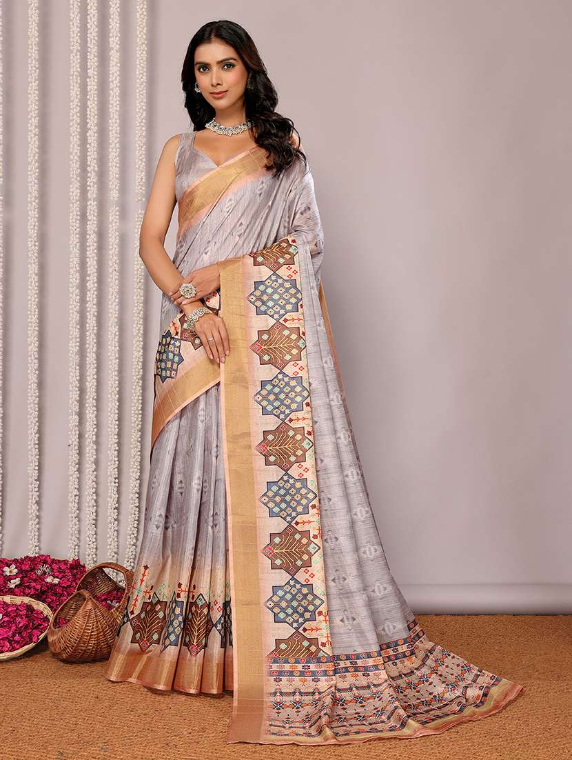 women grey printed saree with blouse
