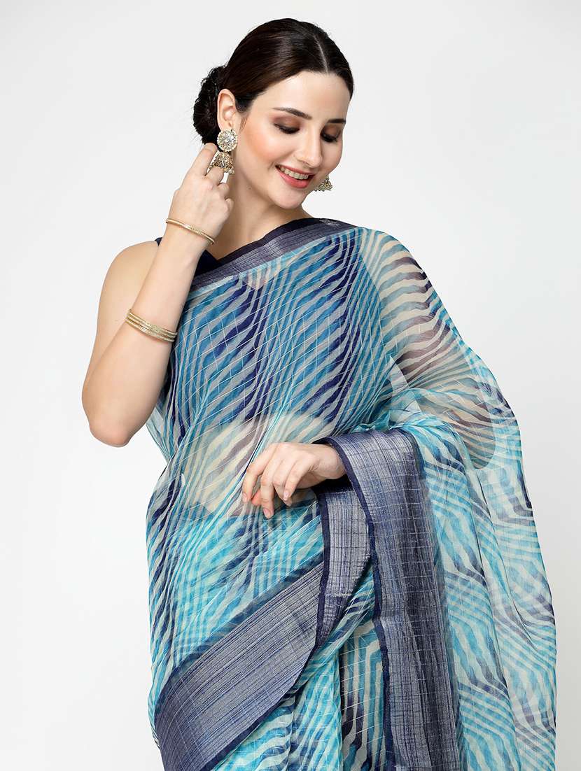 women light blue printed bordered saree with blouse - 21679048 -  Standard Image - 2