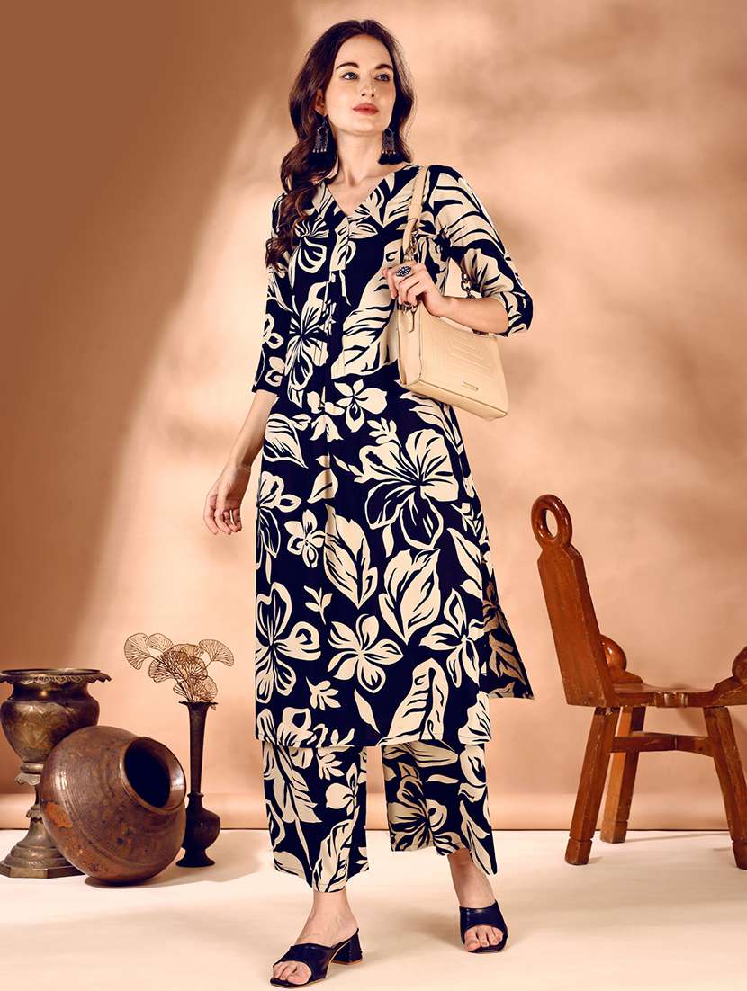 women navy blue printed kurta pant set