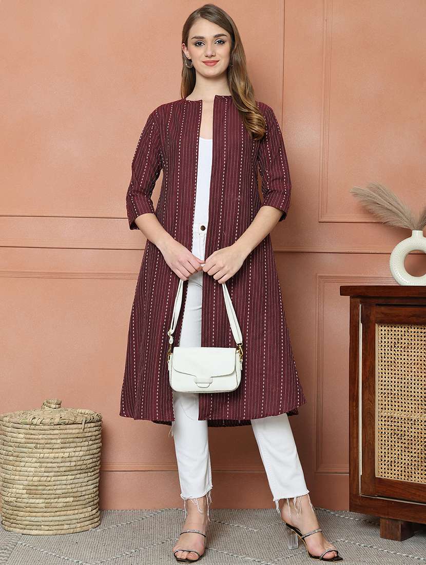 women self design three quarter sleeve long shrug