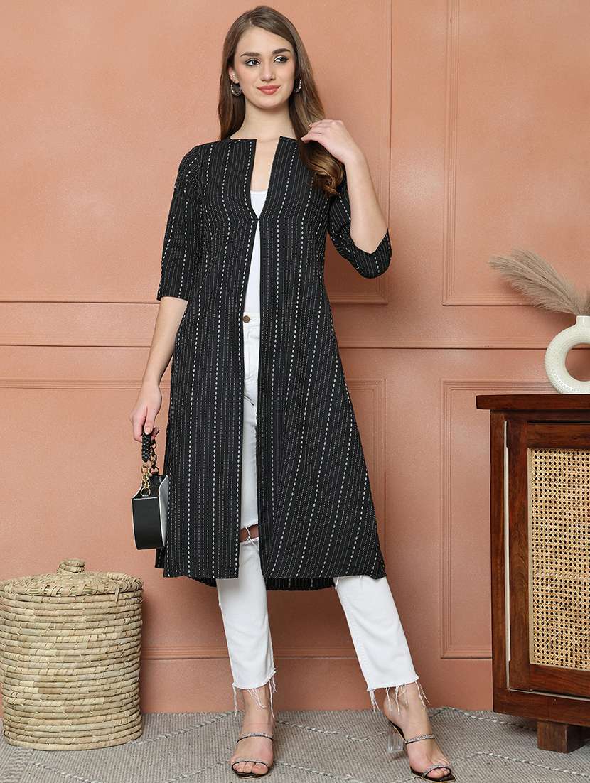 women self design three quarter sleeve long shrug