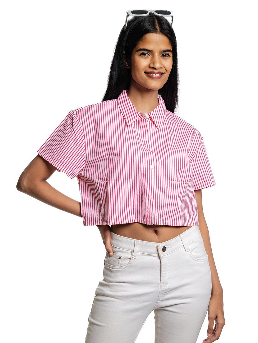 women pink stripes printed crop shirt - 21679103 - Zoom Image - 0