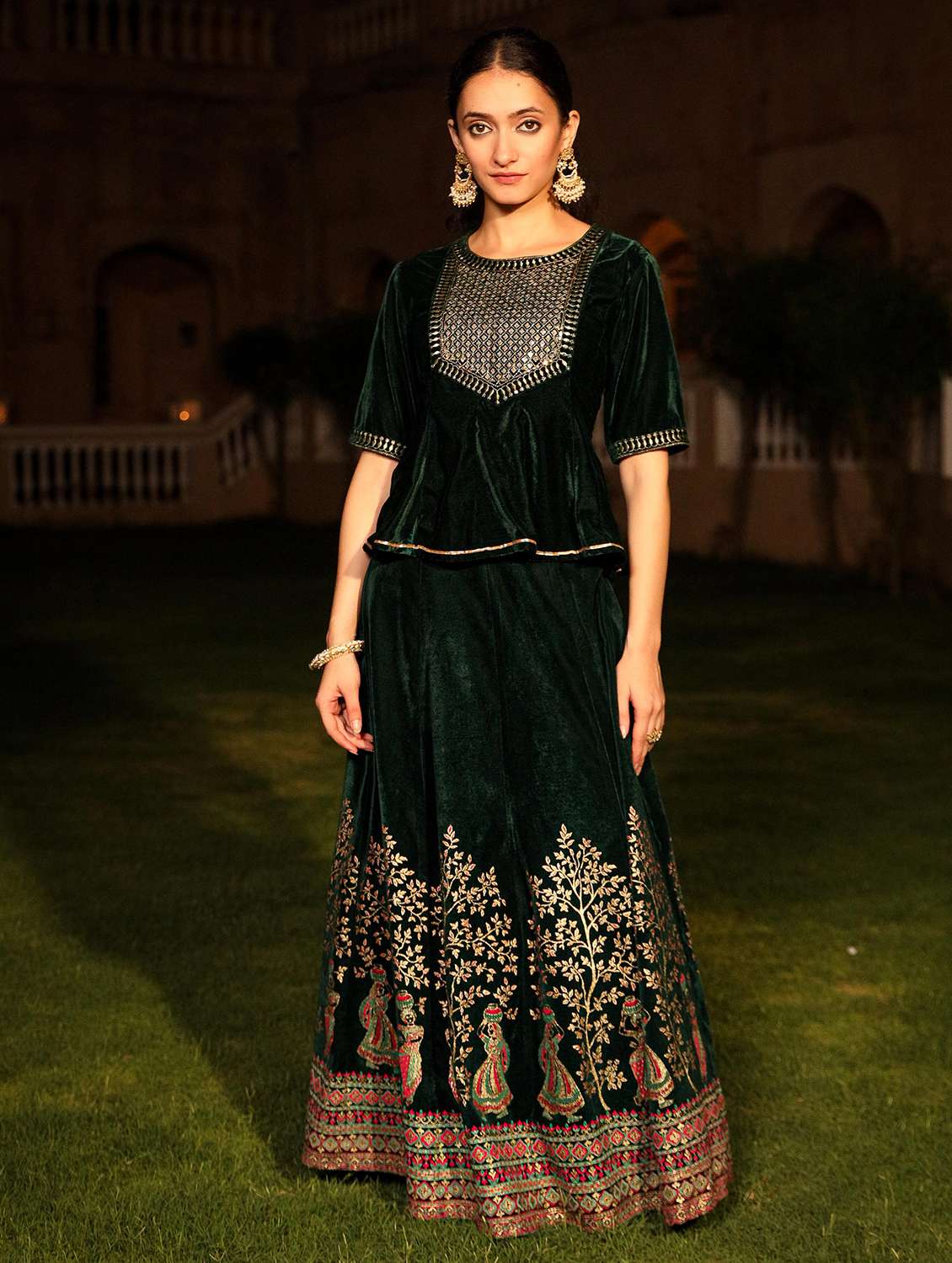 women green embroidered skirt top set