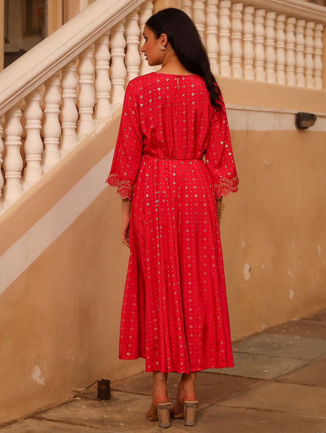 women red gold print round nenck ethnic dress - 21679159 -  Standard Image - 2