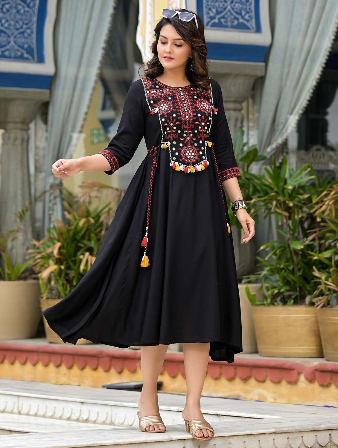 women black embroidered round neck flared dress - 21679163 - Standard Image - 2
