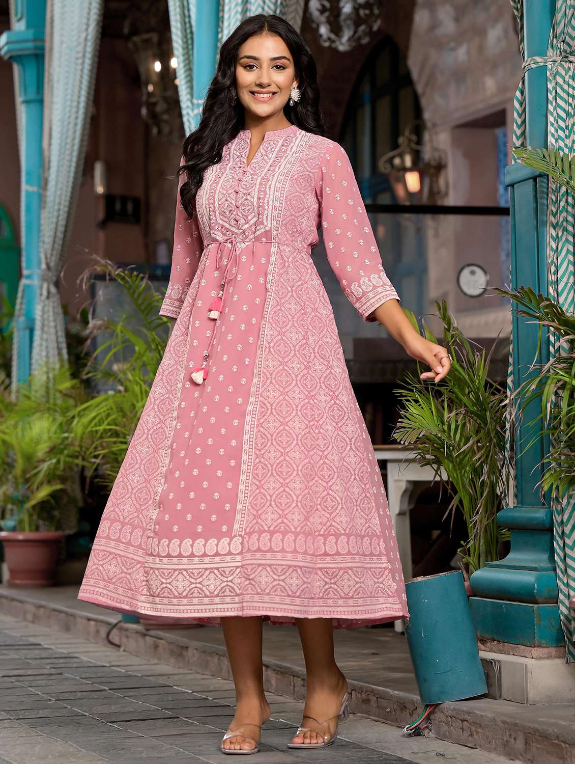 women printed mandarin neck a-line ethnic dress - 21679164 -  Standard Image - 2