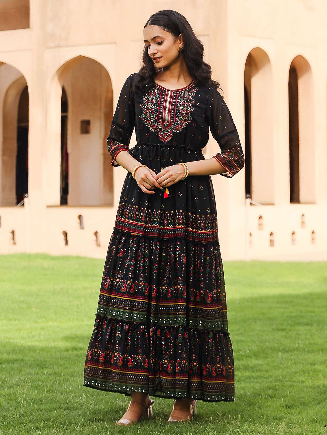 women black embroidered tiered ethnic dress - 21679168 - Standard Image - 2