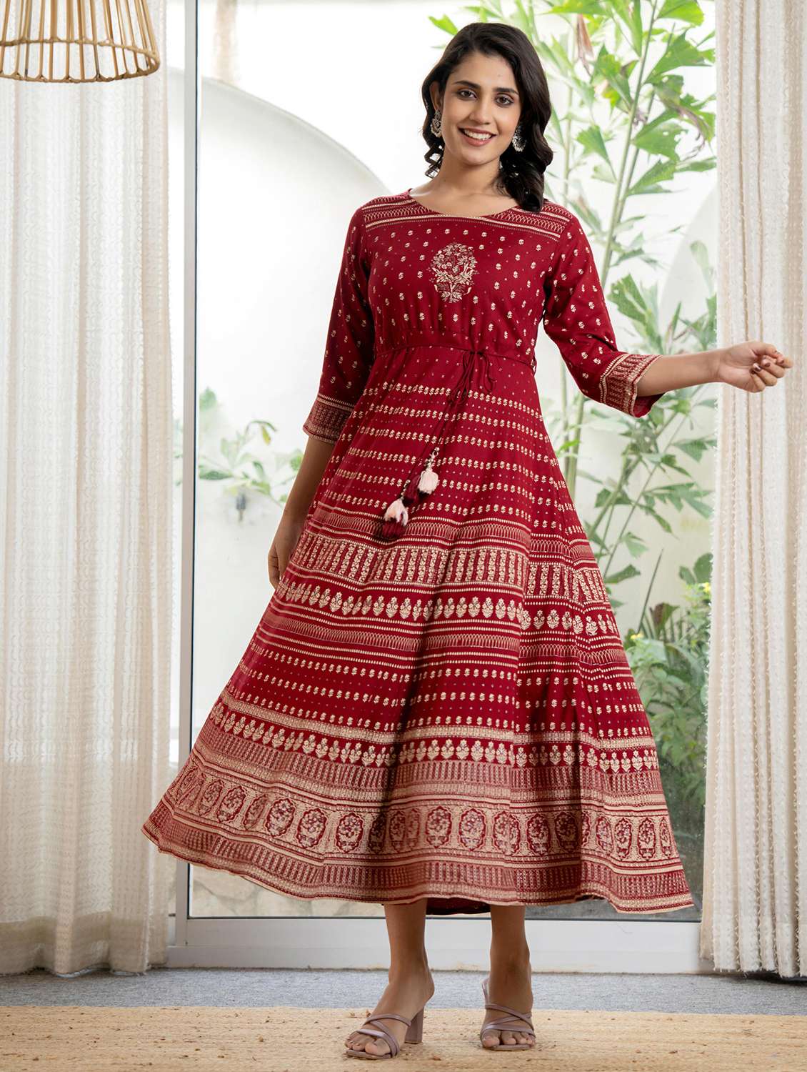 women maroon printed round neck flared dress