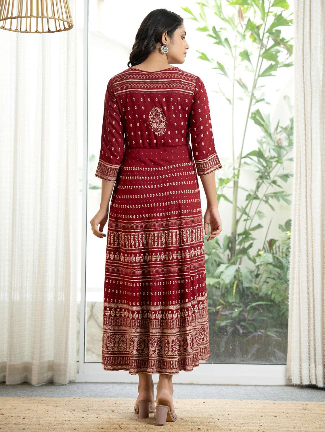 women maroon printed round neck flared dress - 21679174 -  Standard Image - 2