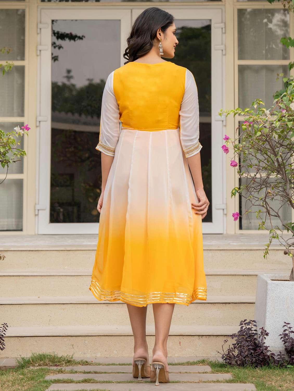 women yellow ombre round neck fit & flare dress - 21679180 - Standard Image - 2