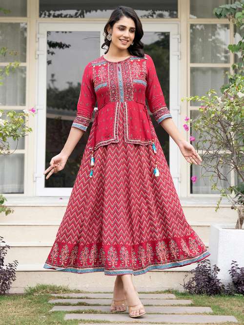 women pink printed key hole neck layered dress - 21679189 -  Standard Image - 0